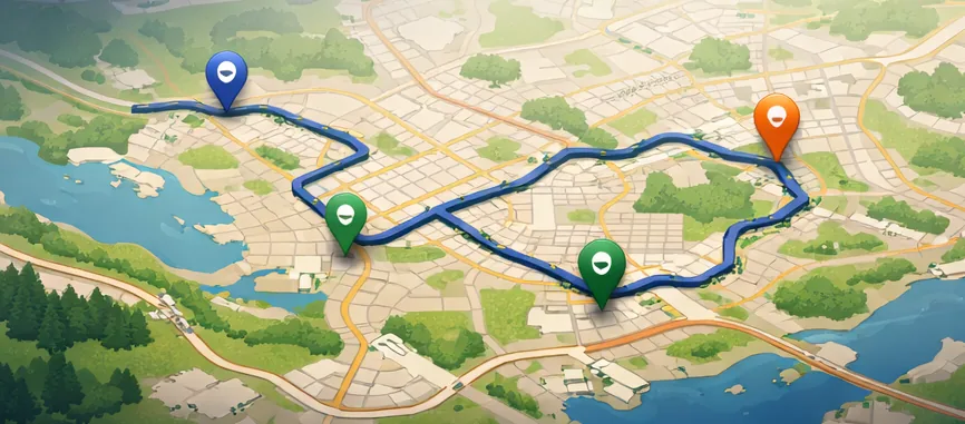 Illustration of a planned route with visit pins